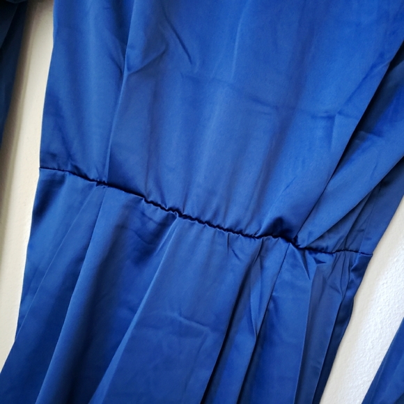 Sapphire Blue Long Sleeve Button Down Satin Effect Mini Dress - Picture 12 of 16